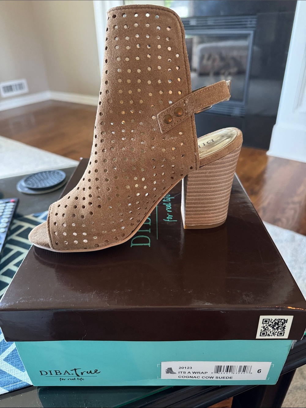 New in Box, Diba True  Cognac Suede Perforated Peep-Toe Block Heel Boot